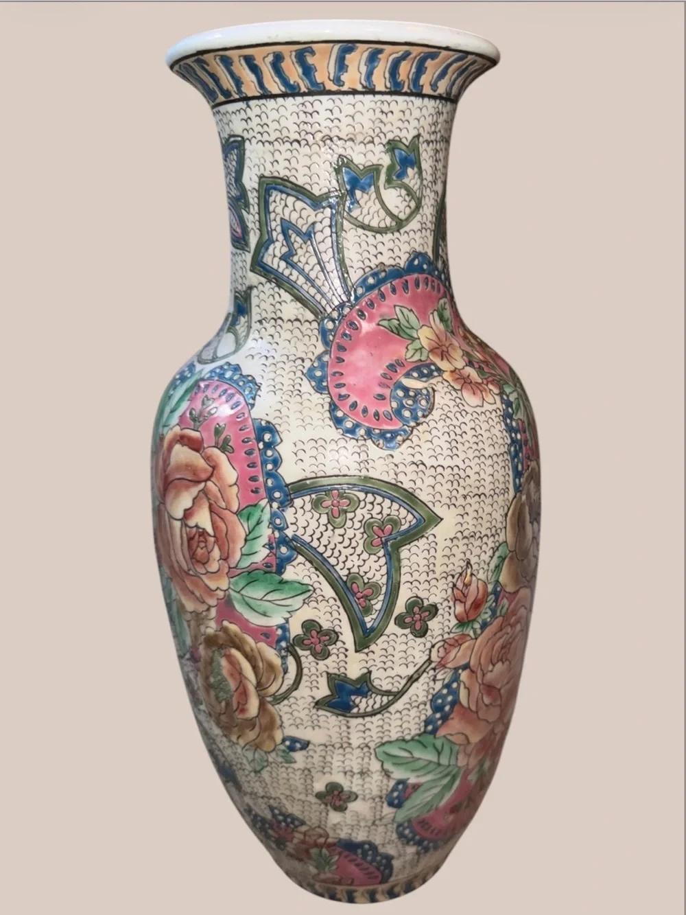🌺VTG HANDCRAFTED CHINESE TEXTURED HANDPAINTED FLORAL DESIGN VASE